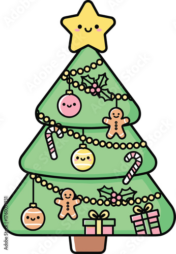 Adorable kawaii christmas tree adorned with cute ornaments and gifts ready for the holidays