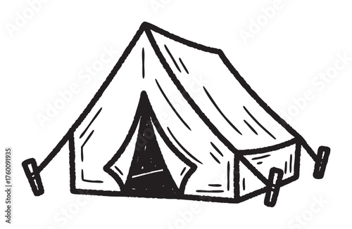 Black outline illustration of a simple triangular camping tent with flaps and stakes. minimalistic design for outdoor, travel, and adventure themes.