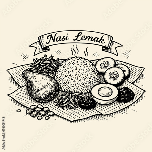 A vintage hand-drawn illustration of the traditional Malaysian dish Nasi Lemak, served on a banana leaf with various side dishes.
