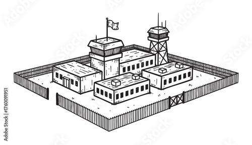 Black outline drawing of a secure military base with multiple buildings, watchtowers, and a flag, enclosed by a tall perimeter fence.