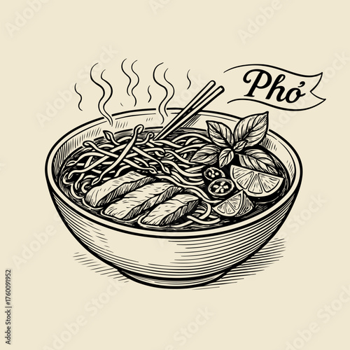 A hand-drawn vintage illustration of a steaming hot bowl of Vietnamese Pho noodle soup with beef, basil, and lime.