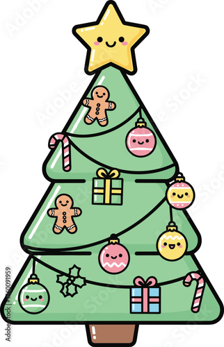 Adorable kawaii christmas tree decorated with cute ornaments and gingerbread cookies