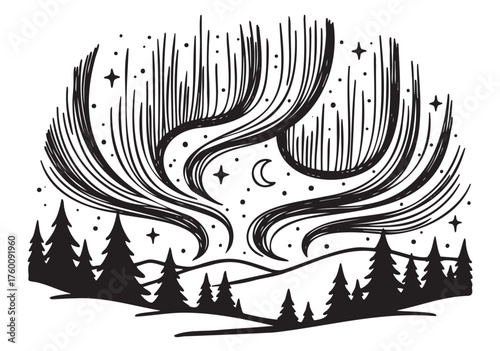 Black and white artistic depiction of an aurora borealis with flowing light patterns over hilly landscapes and silhouetted pine trees under a night sky with stars.