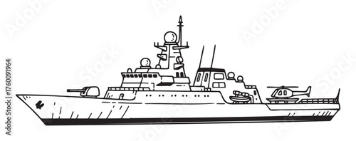 Black outline of a military battleship with a helipad, helicopter, and advanced radars, depicted in a side view with detailed linear strokes.