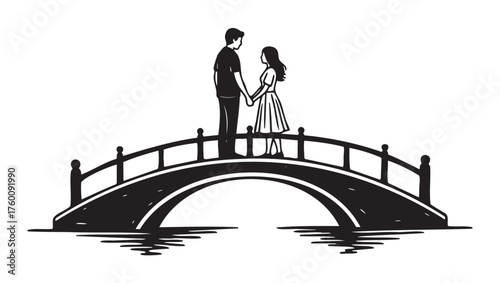 Black outline illustration of a couple holding hands on an arched bridge with calm water reflection.