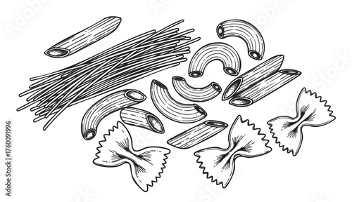 Black outline vector drawing of various pasta types, including spaghetti, penne, macaroni, and farfalle, arranged in a scattered pattern.