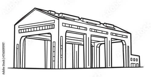Black outline vector icon of a large industrial warehouse structure with high ceilings and multiple arched entrances.