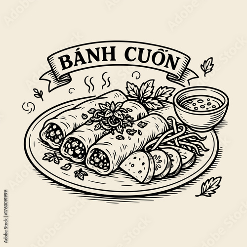 A vintage, hand-drawn illustration of the Vietnamese dish Bánh Cuốn, featuring steamed rice rolls with filling, herbs, and dipping sauce on a plate.