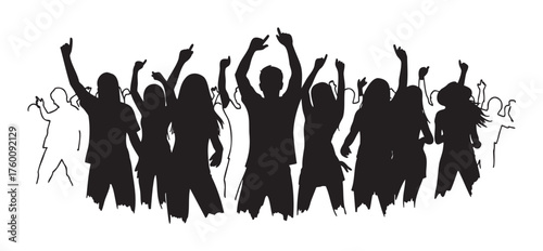 A group of silhouetted people dancing energetically, raising their arms in a celebratory gesture.
