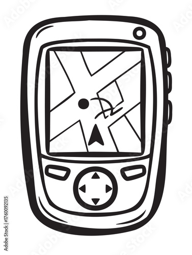Hand-drawn black outline vector icon of a gps navigation device displaying a map with location and arrow indicators.