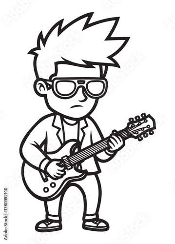 Cartoon character of a young male with spiky hair and sunglasses playing an electric guitar while wearing a jacket and casual shoes.