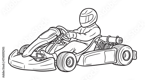 Black and white outline drawing of a person in full racing gear driving a go-kart, showcasing the dynamic posture and detailed design of the vehicle.