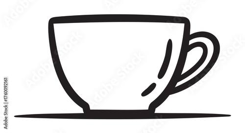 Simple black outline of a coffee cup with a handle, positioned on a flat surface, representing minimalistic design for beverage-related themes.