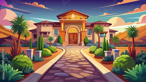 Very beautiful desert residence with glowing evening lights, arched doorways, and a cobblestone driveway surrounded by lush desert landscaping — blending elegance with Southwestern warmth and serenity