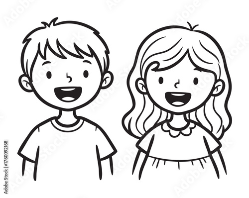 Black outline vector drawing of a smiling young male and female child, featuring simple, cartoon-style facial expressions and casual clothing.
