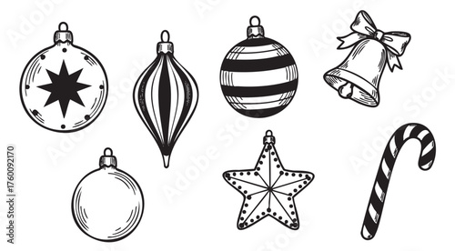 Black outline vector icons of various christmas ornaments, including a bell, star, candy cane, and different baubles.