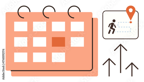 Calendar highlighting a specific date, navigation path with runner and location pin, arrows pointing upwards. Ideal for scheduling, planning, productivity, growth, goal-setting, strategy personal