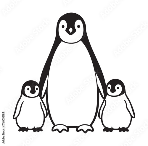 Black and white illustration of a family of penguins with one adult penguin standing between two penguin chicks.