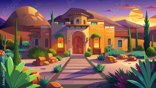 Very beautiful desert residence with glowing evening lights, arched doorways, and a cobblestone driveway surrounded by lush desert landscaping — blending elegance with Southwestern warmth and serenity