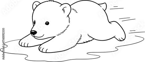 Adorable line art illustration of a playful polar bear cub sliding on ice