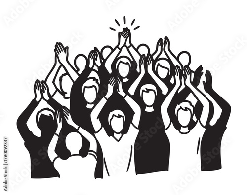Black and white drawing of a diverse group of people applauding with raised hands, expressing joy and appreciation.