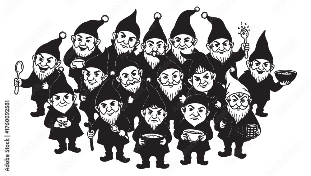 Obraz premium A group of fifteen illustrated gnomes, each with distinct facial expressions, wearing pointed hats and holding various small items.