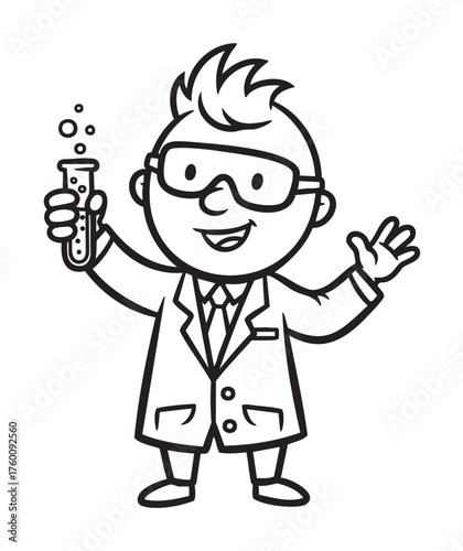 Cartoon scientist wearing glasses and a lab coat, holding a bubbling test tube, smiling cheerfully and waving.