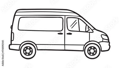 Black outline drawing of a simple van viewed from the side, showcasing a minimal linear design for transportation and vehicle concepts.