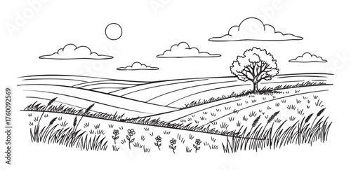 Black outline of a serene countryside landscape with rolling hills, a lone tree, and fluffy clouds in the sky, drawn in a minimal linear style.