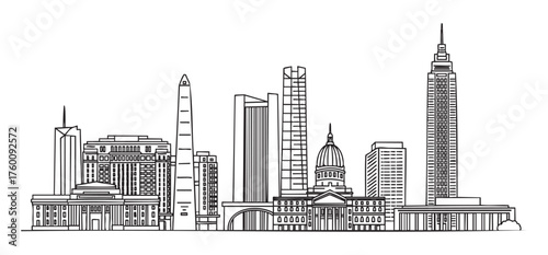 Black outline drawing of a diverse city skyline, featuring various modern and classical buildings, including high-rises and landmarks.