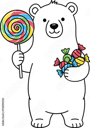 Adorable polar bear character holding a giant swirl lollipop and a basket of colorful candies