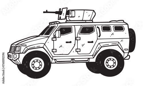 Black and white outline drawing of an armored military vehicle with mounted turret on the roof, featuring large wheels and rugged design.