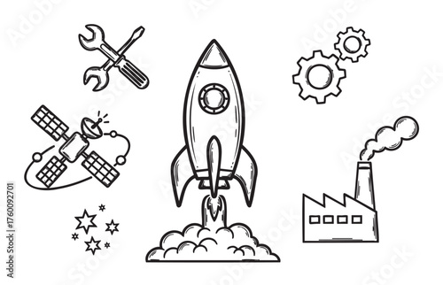 Black and white outline illustration depicting a rocket launching with related icons of a satellite, tools, gears, and a factory.