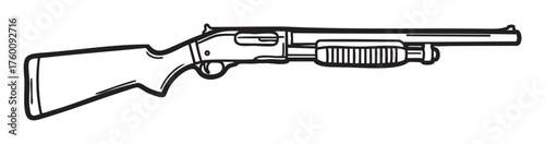 Black and white line drawing of a pump-action shotgun, featuring a detailed stock, trigger guard, and ribbed fore-end.