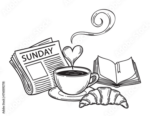 Black outline drawing of a steaming coffee cup next to an open book, a croissant, and a newspaper with the headline "sunday.