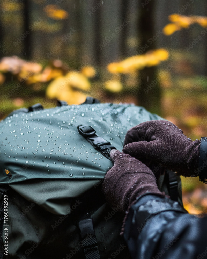 Fototapeta premium Hands securing rain fly over daypack beneath dripping maple