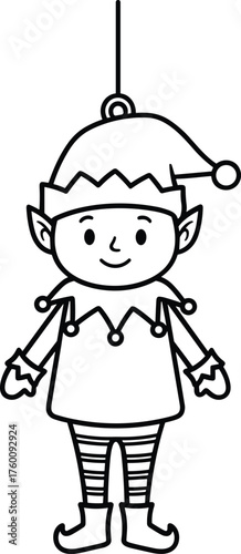 Charming black and white illustration of a cute christmas elf ornament ready for coloring