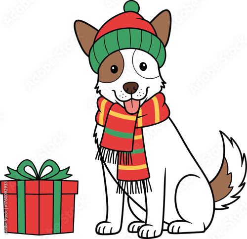 Adorable white and brown dog wearing a festive winter hat and scarf with a christmas gift