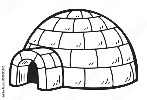 Black outline illustration of a simple igloo with a patchwork pattern, showing an open entrance for arctic shelter concepts.