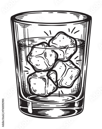Black outline illustration of a glass tumbler filled with ice cubes, displaying intricate line details for beverage and refreshment themes.