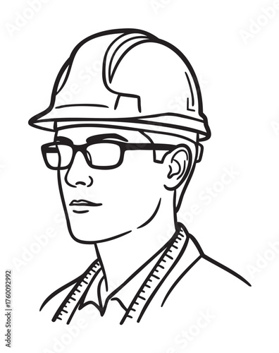Black outline illustration of a caucasian male construction worker wearing safety glasses and a hard hat, depicted from a side profile view.