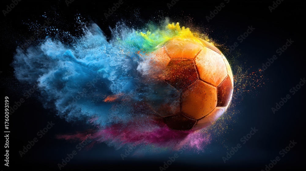 Fototapeta premium A soccer ball is surrounded by colorful splashes of powder creating a lively and energetic scene. The explosion of color highlights the excitement of playing the sport.