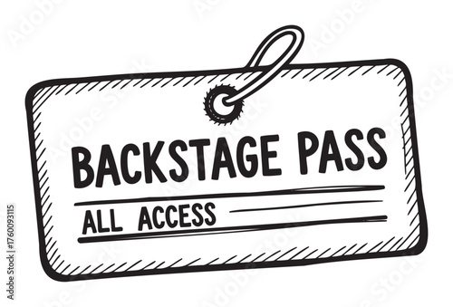 Black and white hand-drawn illustration of a rectangular backstage pass with the text "all access" and an attached lanyard hole.
