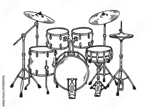 Black outline drawing of a complete drum kit with bass drum, snare, toms, and cymbals. minimal linear illustration for music and percussion concepts.