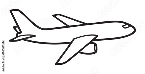 Black outline vector icon of a simple passenger airplane in flight, featuring swept wings and a prominent tail fin.