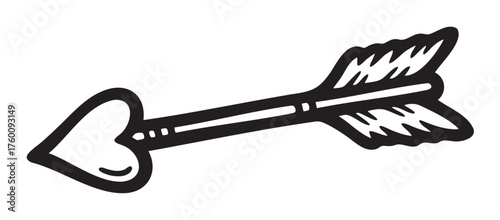 Black outline drawing of a heart-shaped arrow with a simple design, featuring detailed fletching and a classic arrowhead style.