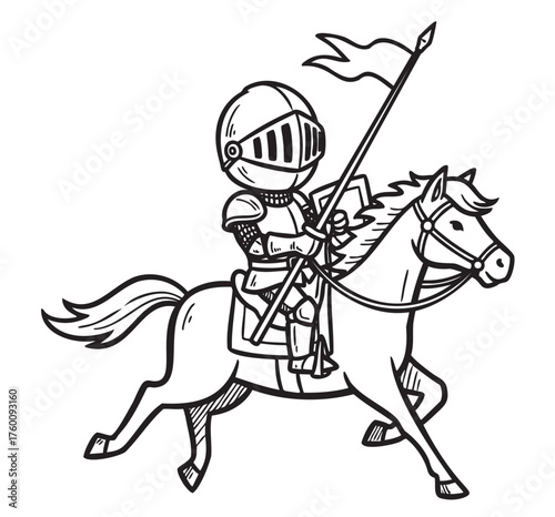 Black outline drawing of a medieval knight in armor holding a lance while riding a galloping horse with a flowing flag.