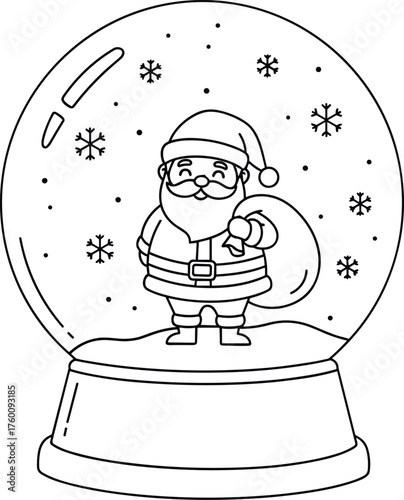 Charming black and white illustration of santa claus inside a snow globe with snowflakes