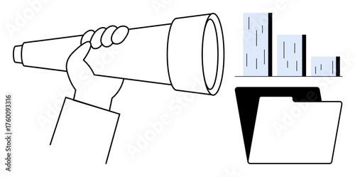 Hand gripping telescope symbolizing vision or search. Bar graph conveys analysis, folder for organization. Ideal for business, strategy, analytics, planning, research, exploration simple flat