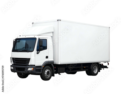 A blank white commercial box truck isolated on a black background, ready for transport